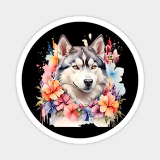 A siberian husky decorated with beautiful watercolor flowers Magnet